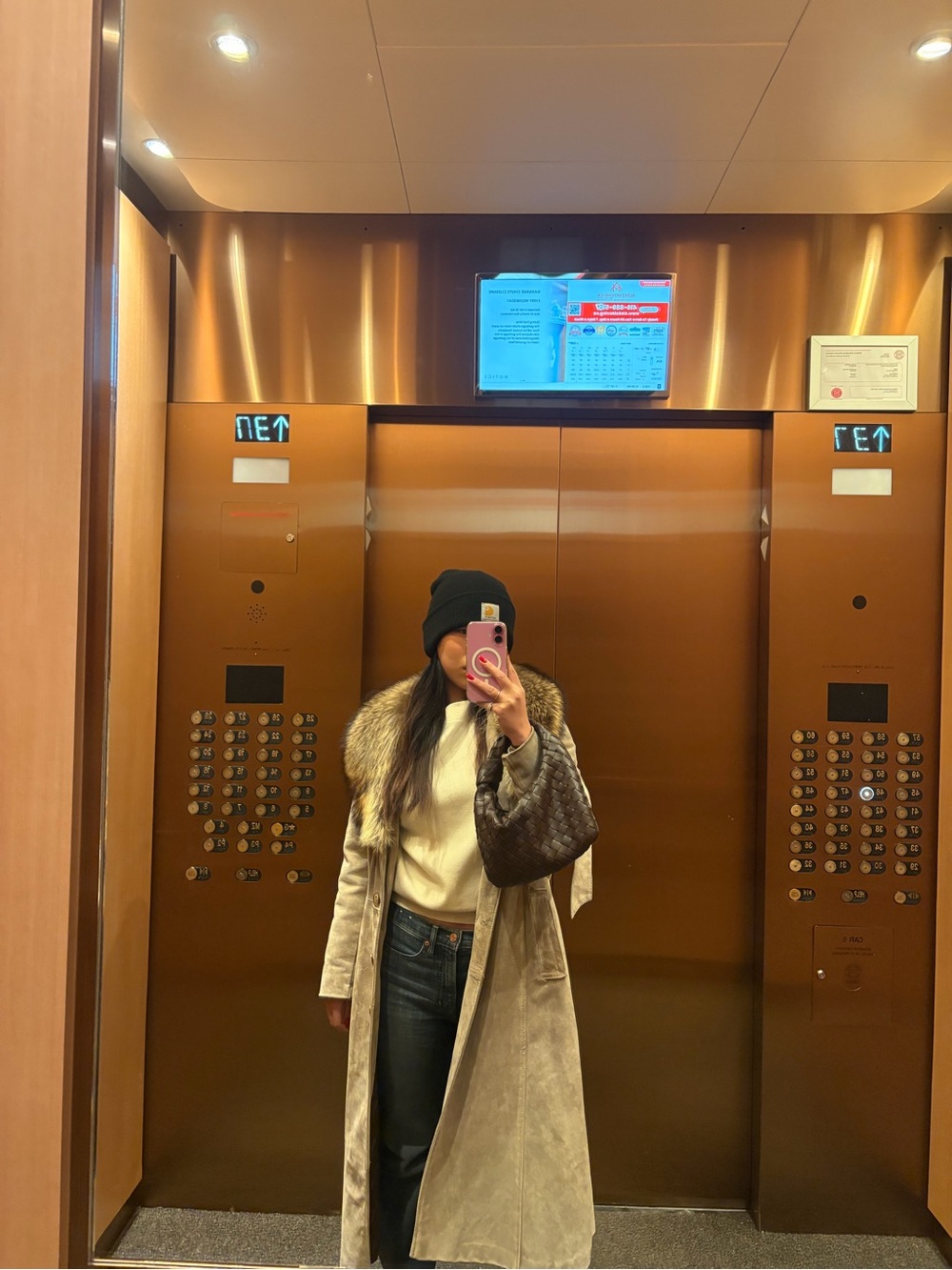 Suede trench coat with fur trim